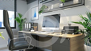 Comfortable workplace with computer in stylish modern office interior