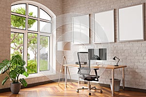 comfortable workplace with pc on wooden desk in office at home bright sunlight from side large window and wall canvas copy space