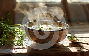 A comforting bowl of chicken bouillon steaming in a sunbathed rustic setting, garnished with fresh herbs.