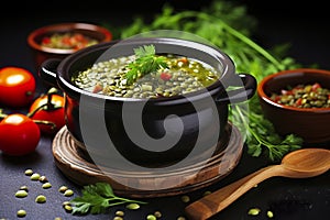 A comforting bowl of green lentil soup elegantly served on dark ceramic.