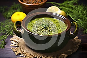 A comforting bowl of green lentil soup elegantly served on dark ceramic.