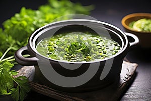 A comforting bowl of green lentil soup elegantly served on dark ceramic.