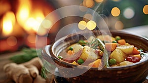 A comforting bowl of veggie soup b with tender chunks of potatoes carrots and green beans. The fire crackles in the photo