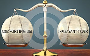 Comforting lies and unpleasant truths staying in balance - pictured as a metal scale with weights to symbolize balance and