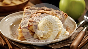 A comforting plate of apple pie fresh from the hearth is topped with a generous scoop of cool vanilla bean ice cream