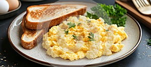 A plate of fluffy scrambled eggs with buttered toast photo
