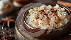 comforting rice pudding, delight in a warm, comforting rice pudding topped with a dusting of cinnamon, perfect for a