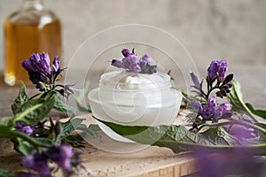 Comfrey root ointment with fresh blooming plant