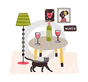 Comfy interior with cat, table with bottle and glasses on it and posters on the wall. Cozy feminist apartment. Vector
