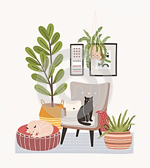 Comfy living room interior with cats sitting on armchair and ottoman, houseplants growing in pots, home decorations