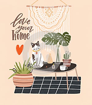 Comfy room with table, cat sitting on it, potted plants, home decorations and Love Your Home phrase written with cursive