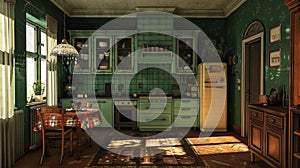 A comfy and stylish kitchen with a dark green wall