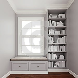 Comfy upholstered window seat with drawers in a window nook with library and books.  Trim, molding, crown and baseboard in white