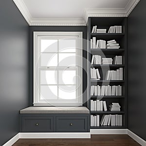 Comfy upholstered window seat with drawers in a window nook with library and books.  Trim, molding, crown and baseboard in white