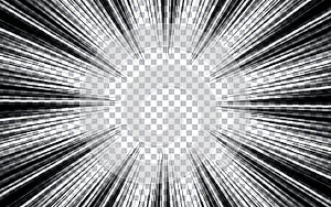 Comic action line background. Manga speed frame, superhero action. Black and white vector retro illustration