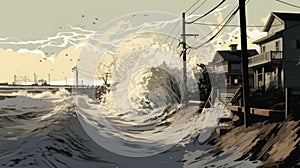 Comic Art Depicting A Powerful Storm Surge In Tumblewave Style