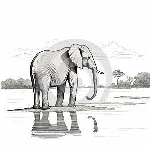 Comic Art Elephant Drawing: Detailed Character Design With Ink-wash Landscape