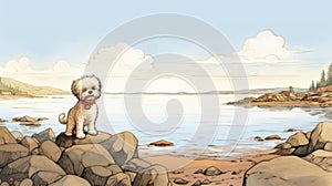 Comic Art Illustration Of Dog Sitting On Rocks By The Ocean