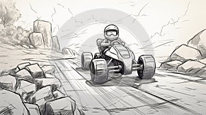 Comic Art Sketch: Action-packed Quad Car On Road