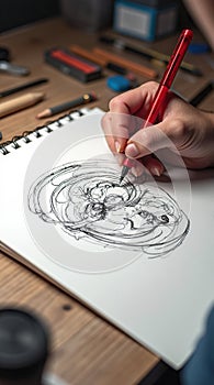 Comic Artist Drawing on Bristol Board with Red Pen