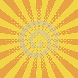 Comic background with halftone effect and sunburst. Comic book elements with dots and sunray. Yellow starburst abstract backdrop.