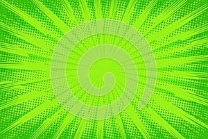 Comic background. Pop art texture. Starburst cartoon style. Anime design with explosion effect for print. Fun dot pattern. Green b