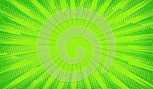 Comic background. Pop art texture. Starburst cartoon style. Anime explosion. Fun dot pattern. Green backdrop halftone gradient