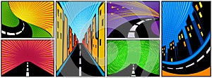 Comic backgrounds with cities, roads, highways and expressways