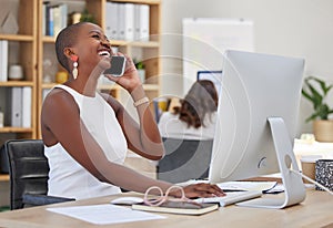 Comic, black business woman or phone call networking with customer on communication technology in office. Smile, happy photo