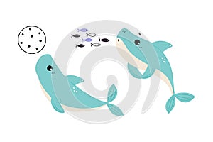 Comic Blue Shark with Fins as Marine Animal with Ball and Fish Vector Set