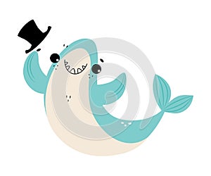 Comic Blue Shark with Fins Putting Off Top Hat Vector Illustration