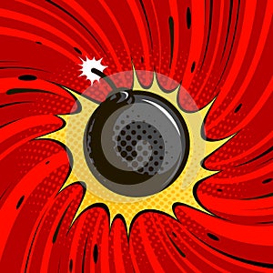 Comic bomb explodes. Dynamite, round cannonball with fire. Cartoon vector illustration