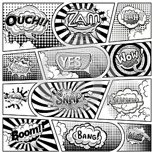 Comic book black and white page template divided by lines with speech bubbles. Vector