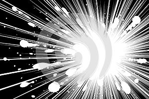 Comic book black and white radial lines background with grunge spots Sun ray or star burst element Zoom effect Rectangle fight