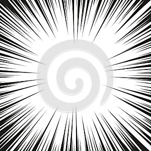 Comic book black and white radial lines background. Manga speed frame.Superhero action. Explosion vector illustration