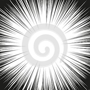 Comic book black and white radial lines background. Manga speed frame.Superhero action. Explosion vector illustration