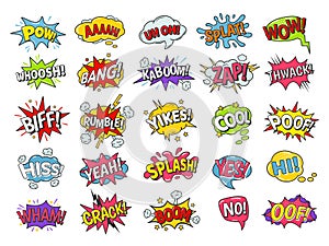 Comic book bubbles. Cartoon speech balloons with boom bang explosion, splash and poof, rumble and wham effects. Funny