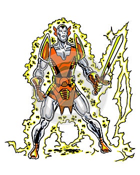 Comic Book Character Llongorion with a flaming sword