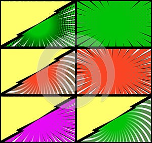 Comic book colorful frames background with halftone rays radial and dotted effects pop art style