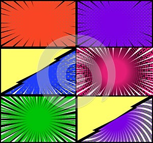 Comic book colorful frames background with halftone rays radial and dotted effects pop art style