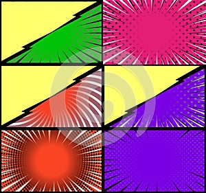 Comic book colorful frames background with halftone rays radial and dotted effects pop art style