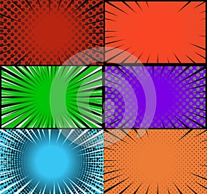 Comic book colorful frames background with halftone rays radial and dotted effects pop art style