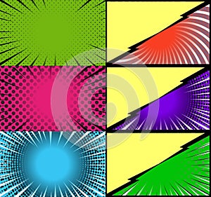 Comic book colorful frames background with halftone rays radial and dotted effects pop art style