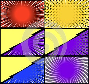 Comic book colorful frames background with halftone rays radial and dotted effects pop art style