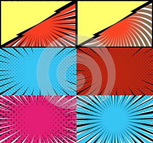 Comic book colorful frames background with rays. radial. halftone and dotted effects pop art style