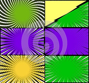 Comic book colorful frames background with rays. radial. halftone and dotted effects pop art style