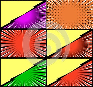 Comic book colorful frames background with rays. radial. halftone and dotted effects pop art style