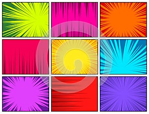 Comic book colorful radial lines collection. Cartoon comics background with motion, speed lines. Retro Pop Art style