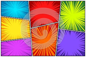 Comic book colorful radial lines collection. Cartoon comics background with motion, speed lines. Retro Pop Art style