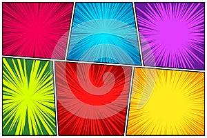 Comic book colorful radial lines collection. Cartoon comics background with motion, speed lines. Retro Pop Art style